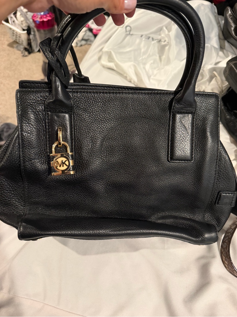 Michael Kors Black Pebbled Leather Satchel with Gold Padlock Charm